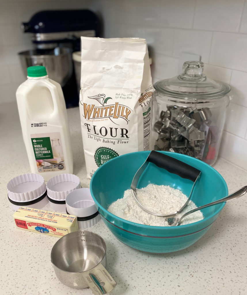 Ingredients for buttermilk biscuits sitting on a counter. [buttermilk biscuits]