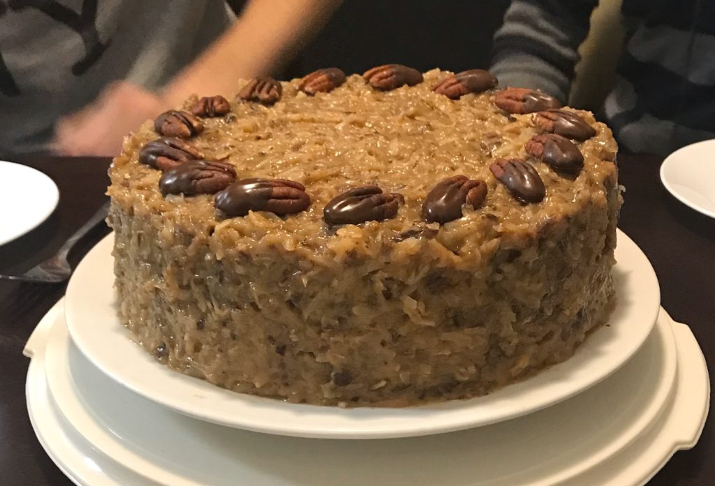 Decorated cake with coconut pecan frosting, [german chocolate cake]