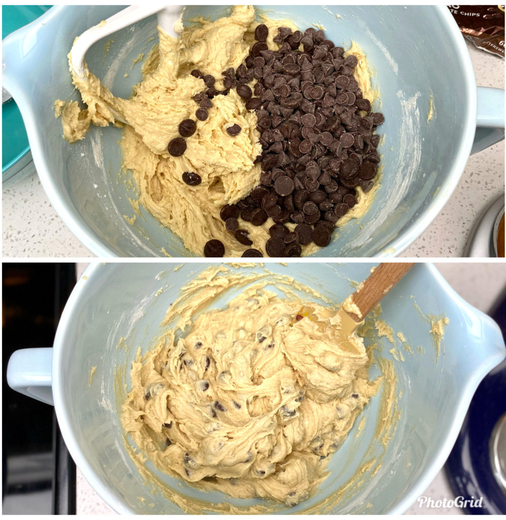 Adding chocolate chips to cookie dough