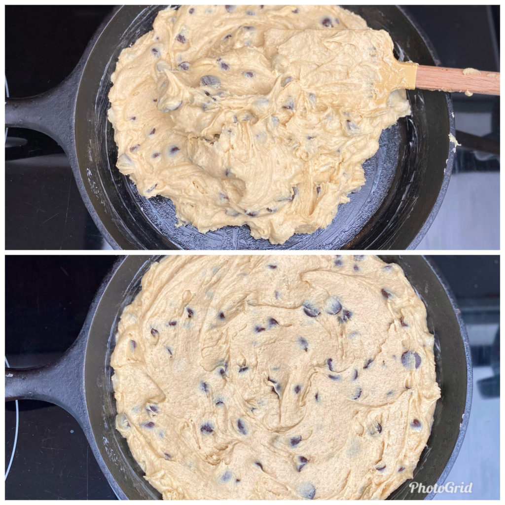 Spread the cookie dough in the cast iron skillet