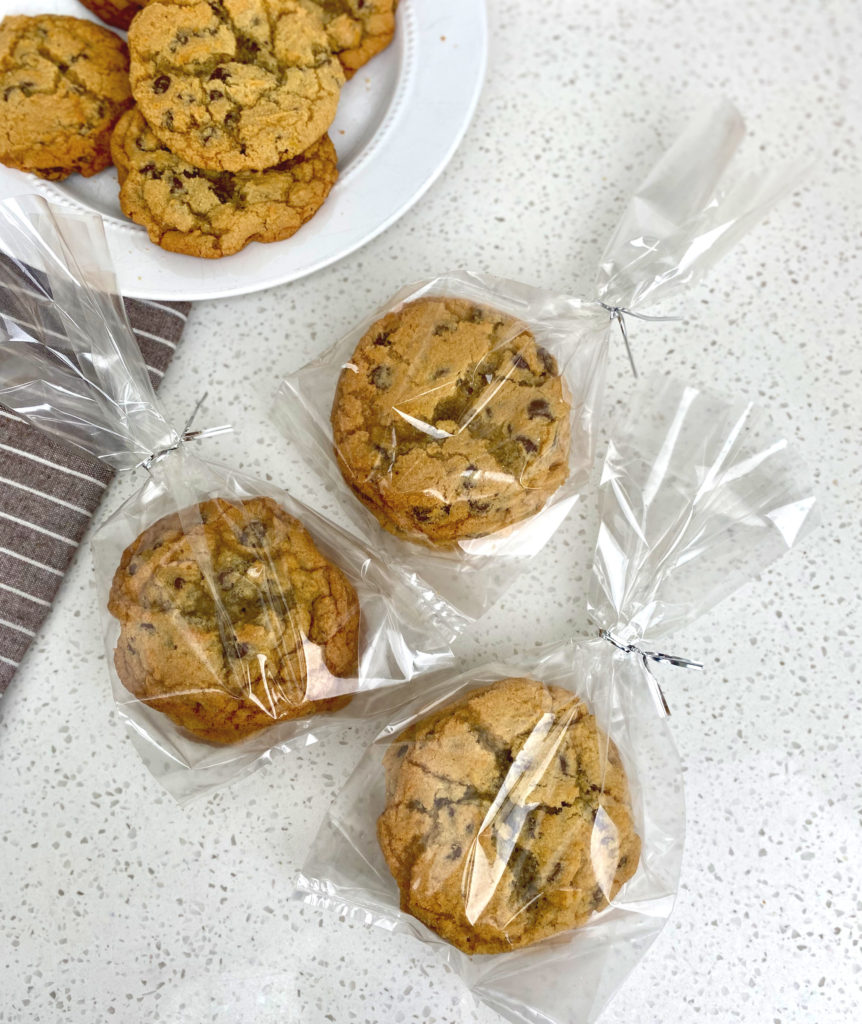 Bailey's Irish Cream Chocolate Chip Cookies placed in gift bags to hand out to neighbors