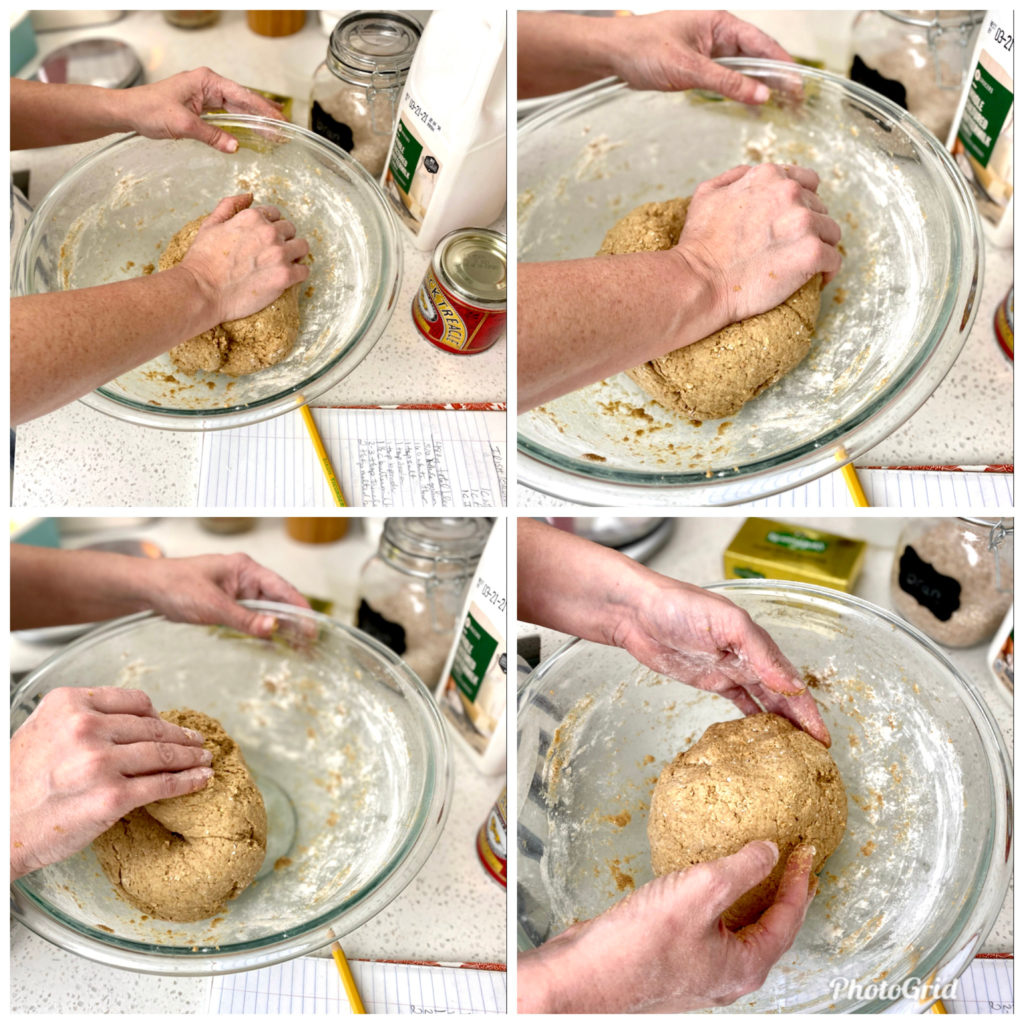 Lightly kneading Irish Brown Bread dough in a bowl.