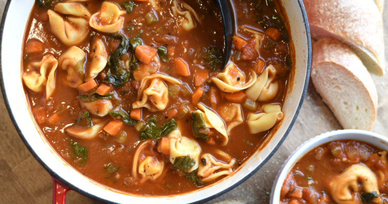 A pot of tortellini soup